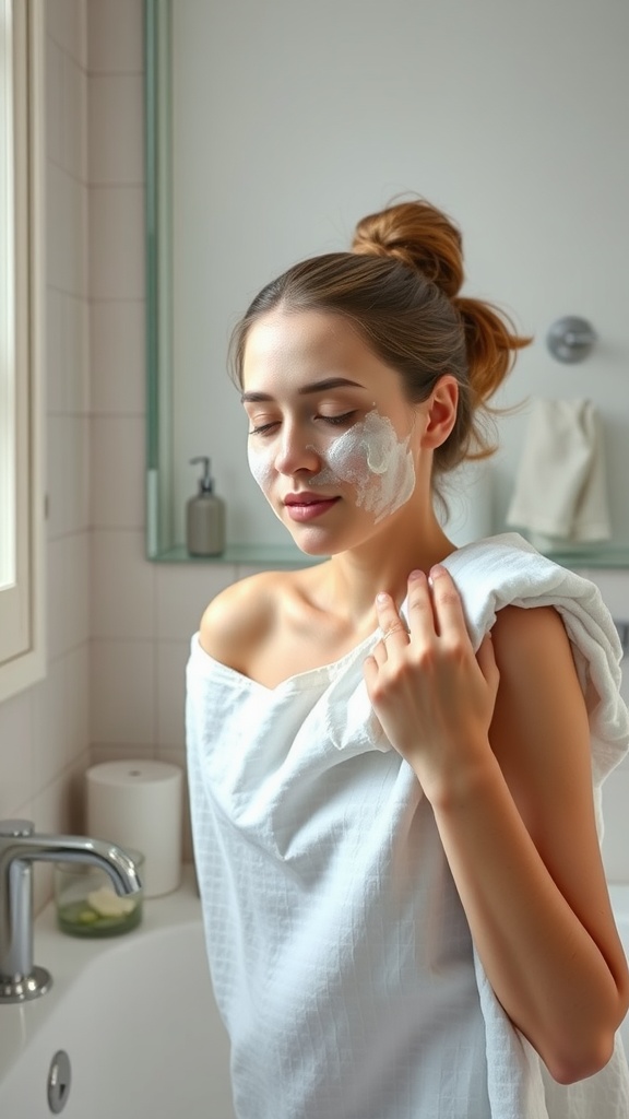A young woman applying cleansing foam to her face while standing in a bathroom, looking relaxed and focused on her skincare routine.