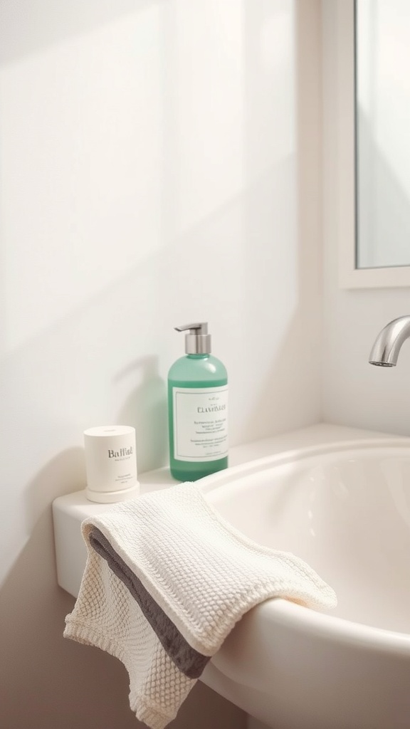 A clean bathroom sink with a turquoise cleanser, a calming candle, and a soft washcloth.