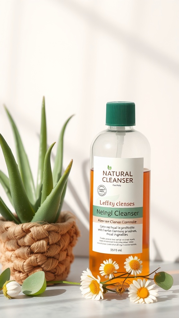 A natural cleanser bottle next to aloe vera and chamomile flowers