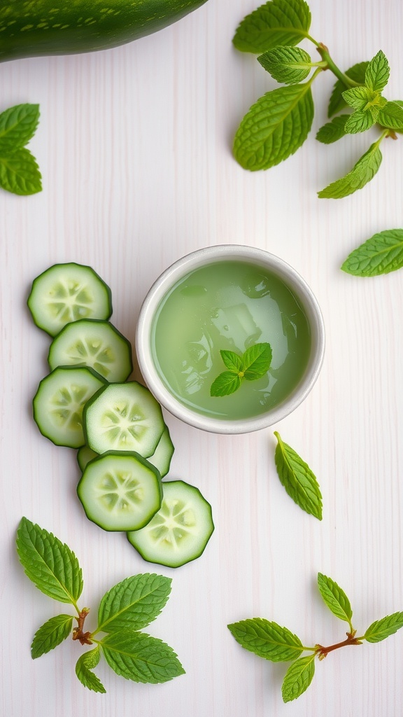 A bowl of green cucumber and mint gel surrounded by cucumber slices and fresh mint leaves