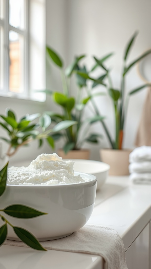 A serene bathroom setting with a bowl of exfoliating substance and green plants in the background.