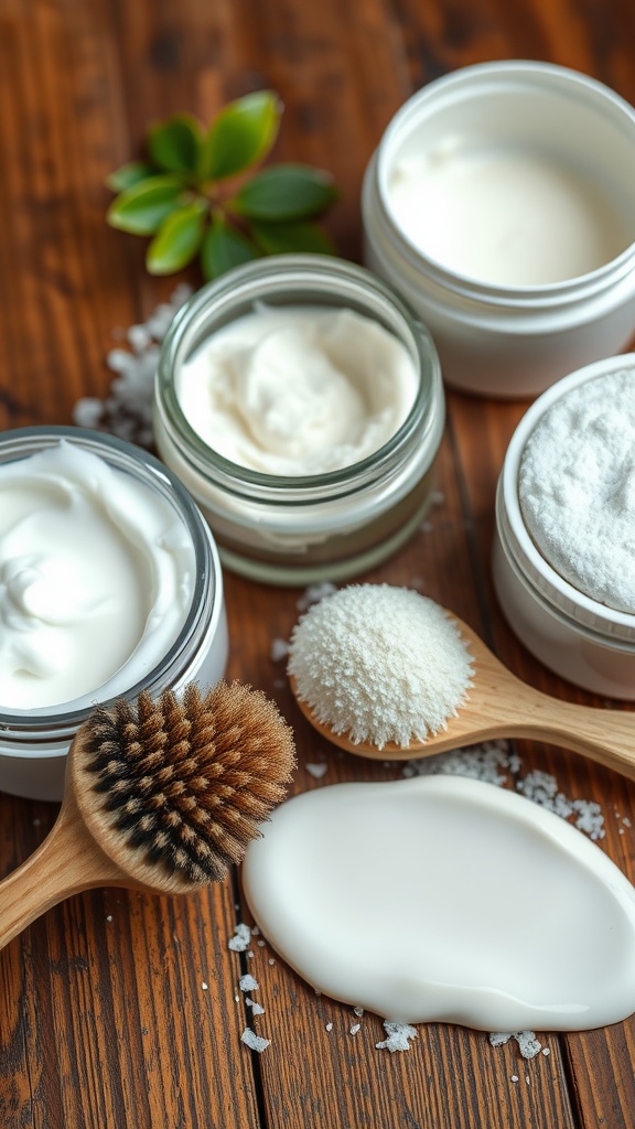 Various skincare products and brushes arranged on a wooden surface, showcasing options for gentle exfoliation.