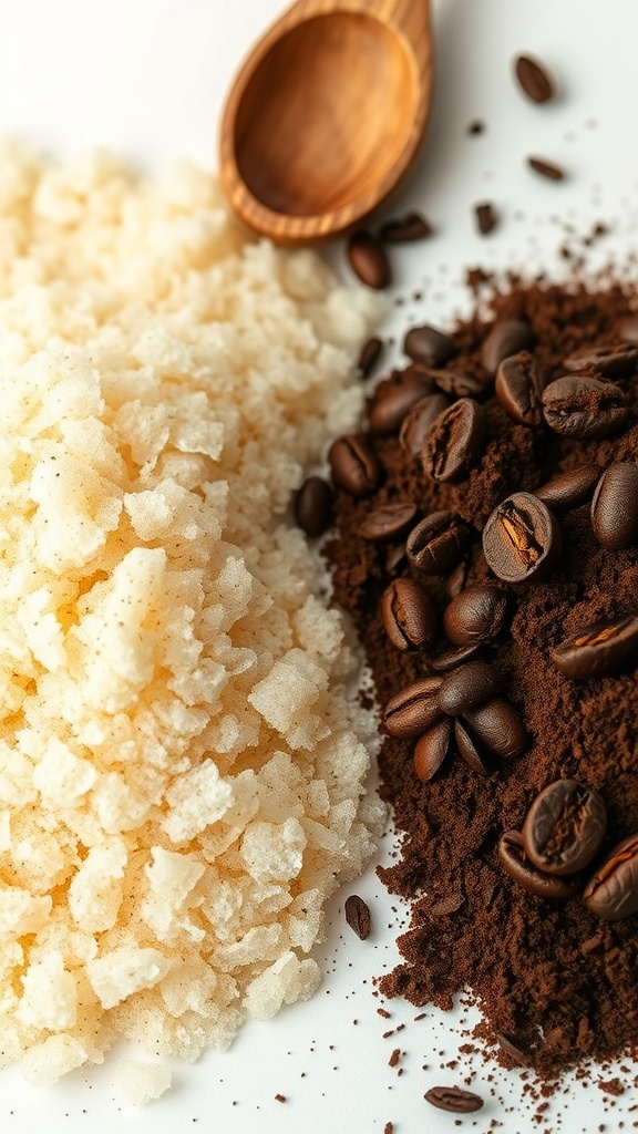 Coarse salt, coffee grounds, and a wooden spoon used for exfoliation.