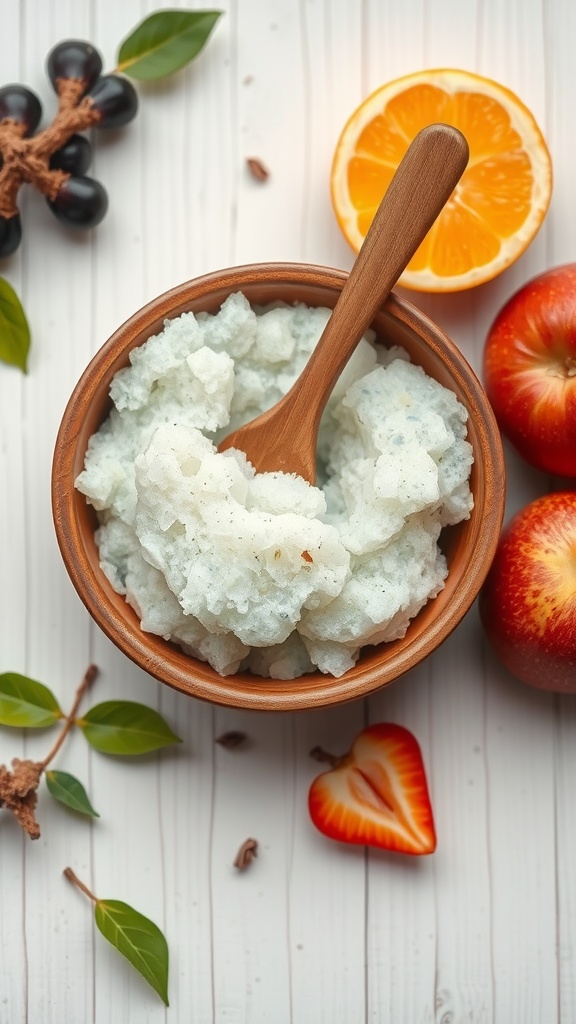 A bowl of gentle exfoliating scrub with wooden spoon, surrounded by orange, apple, and leaves.