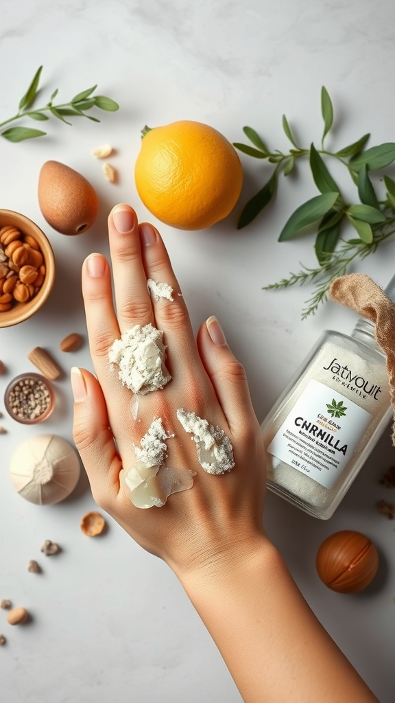 A hand with an exfoliating product on it, surrounded by natural ingredients like orange, nuts, and leaves.