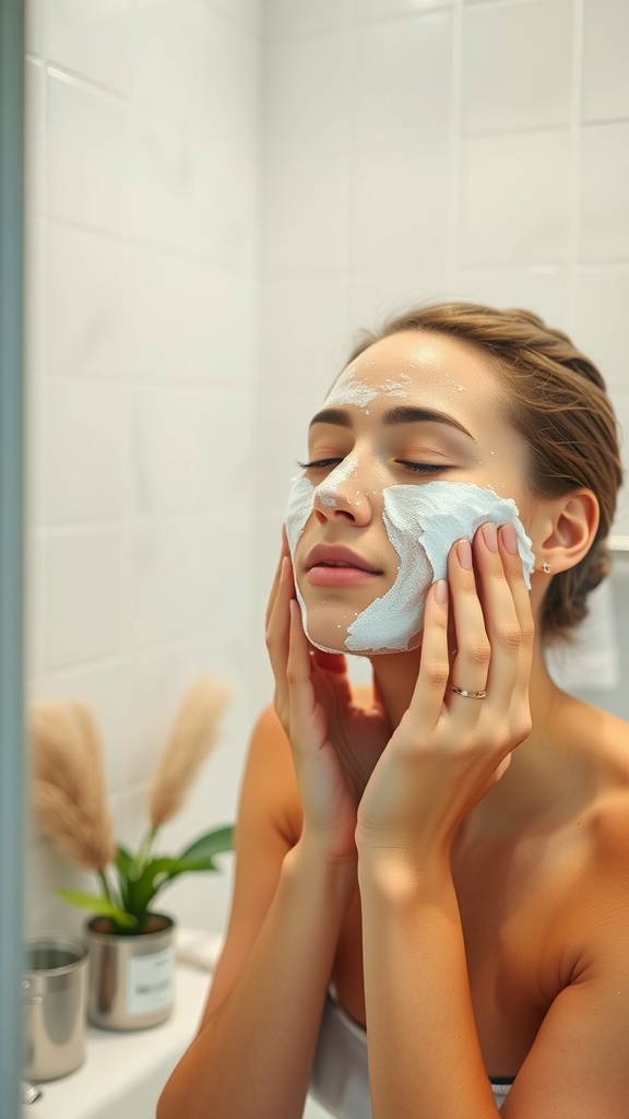 A person gently exfoliating their face in a bathroom setting, showcasing a skincare routine.