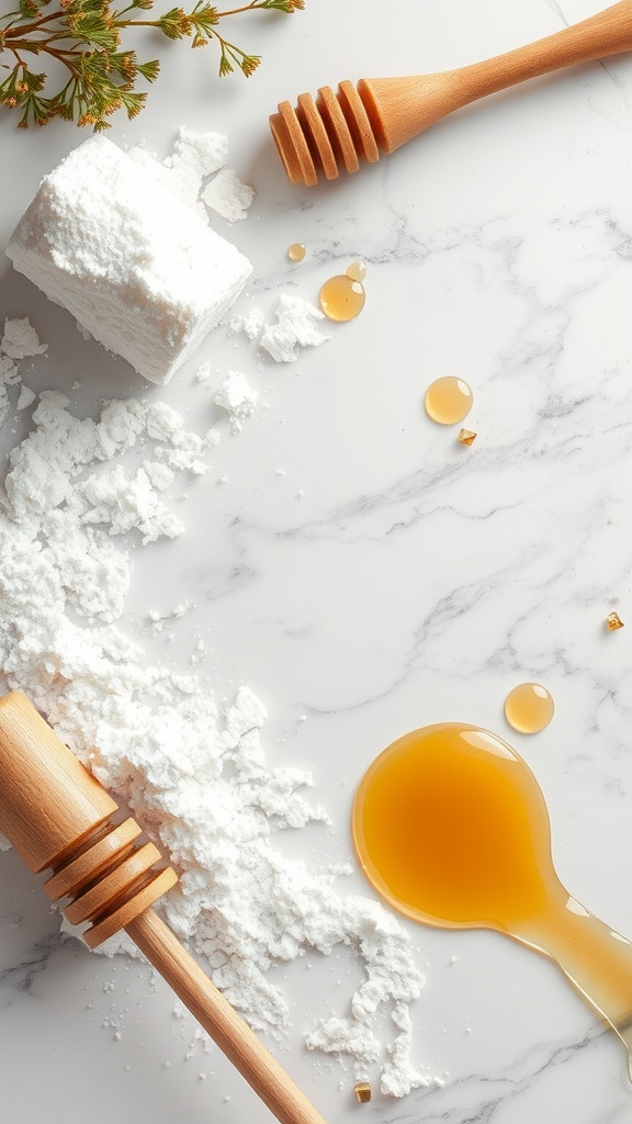 Natural exfoliation ingredients including sugar and honey on a marble surface.