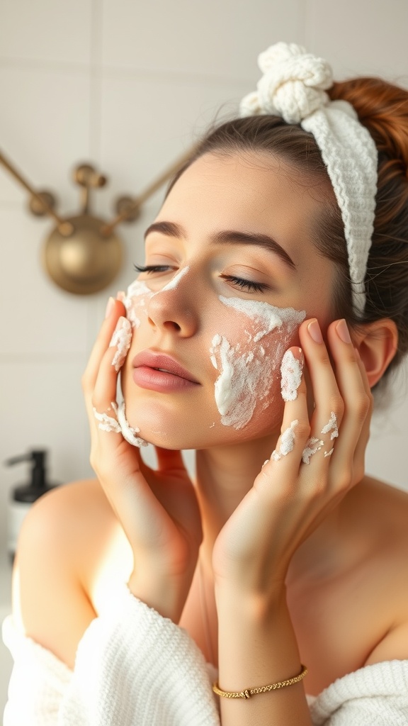 A woman applying a creamy exfoliant to her face in a bathroom setting.