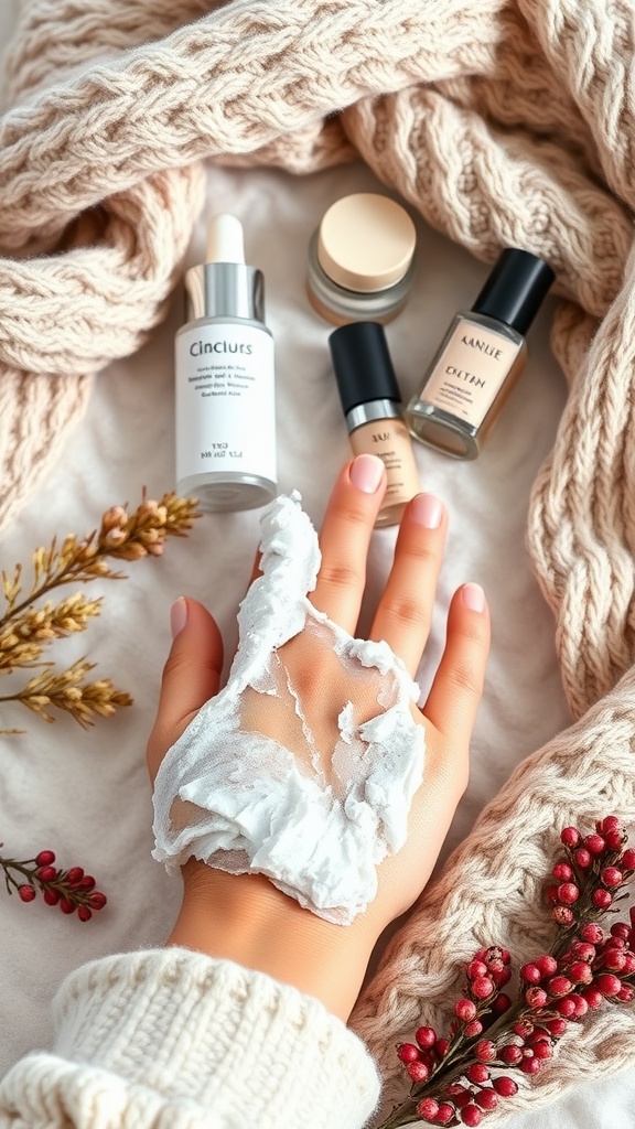 A hand with exfoliating cream, surrounded by skincare products and a knitted scarf.