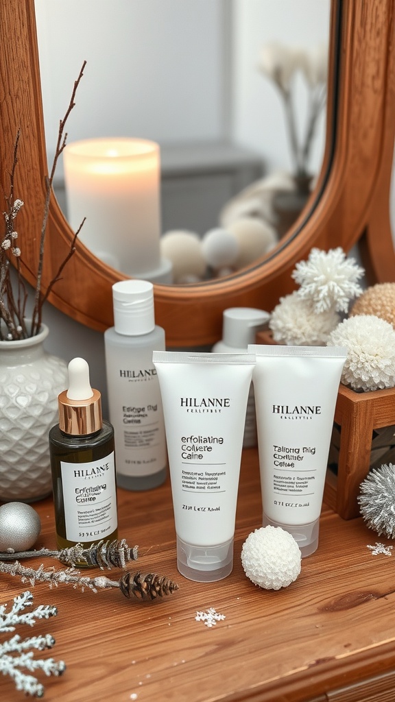 A collection of skincare products on a wooden surface, including exfoliating creams, a serum, and a lit candle, all arranged decoratively.