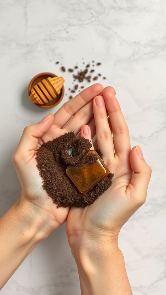 Hands holding coffee grounds and honey for a natural scrub