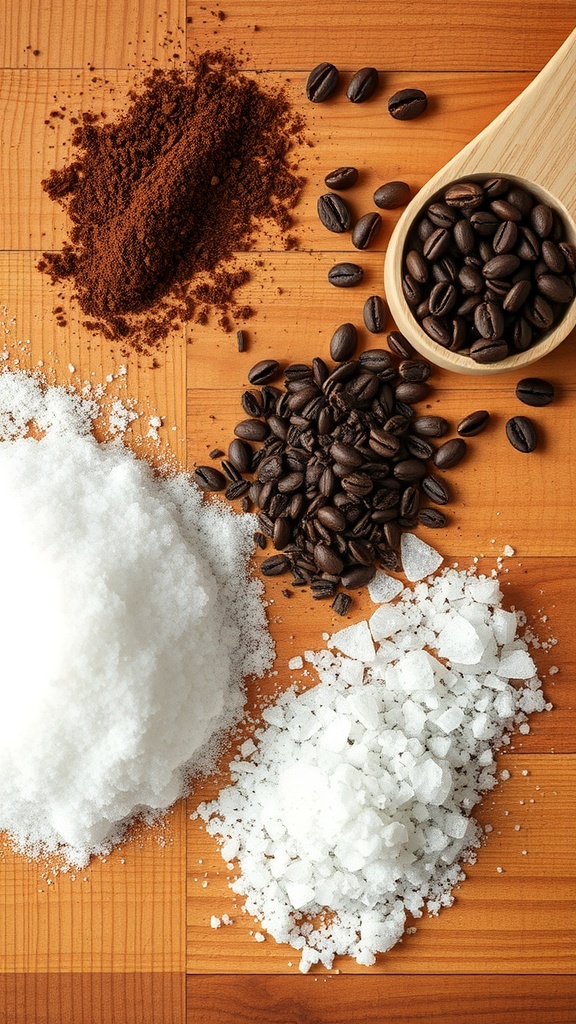 Natural exfoliants including sugar, sea salt, and coffee on a wooden surface.