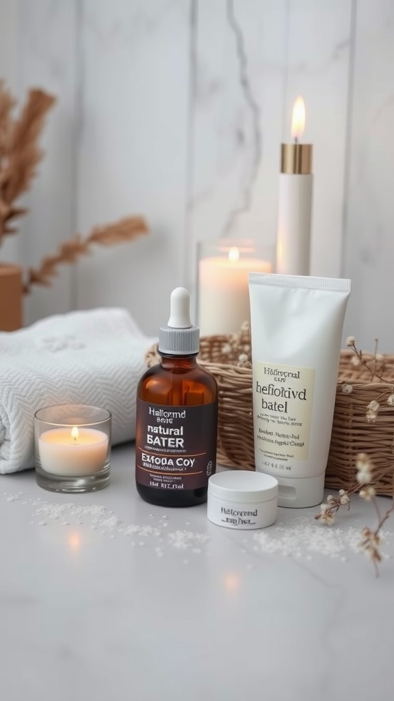 A collection of skincare products including natural exfoliants, a candle, and a cozy atmosphere.