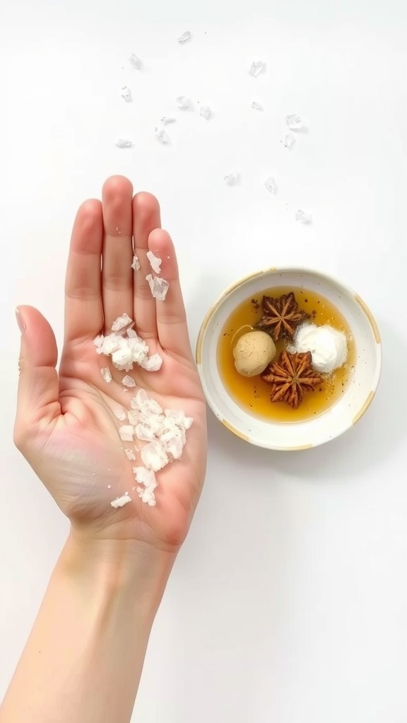 A hand holding salt with a bowl of natural exfoliating ingredients and spices.