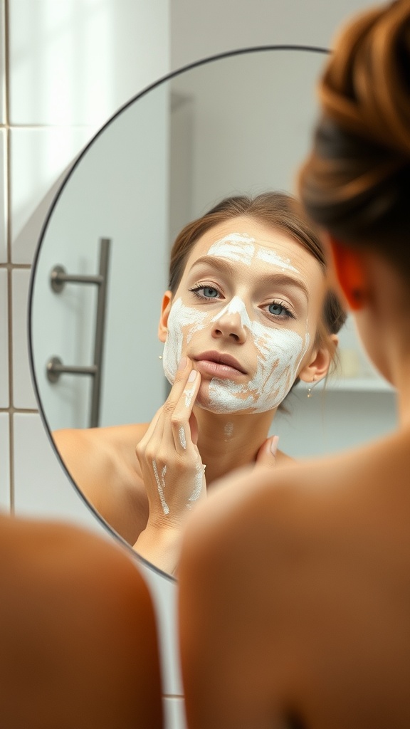A person applying a gentle exfoliating mask while looking in the mirror