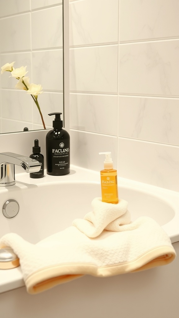 A serene bathroom scene featuring skincare products, including an exfoliating product, a soft towel, and a flower, suggesting a gentle skincare routine.