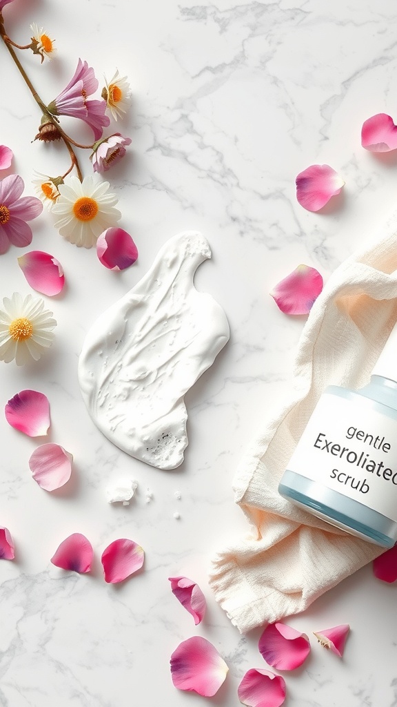 A gentle exfoliating scrub surrounded by flowers and rose petals on a marble surface.