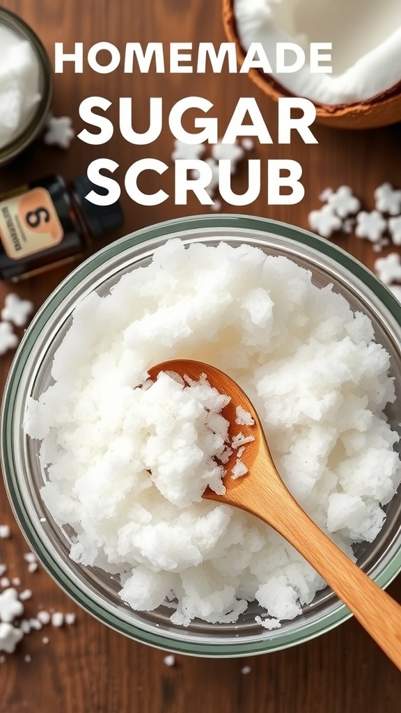 A bowl of homemade sugar scrub with a wooden spoon, ready for use.