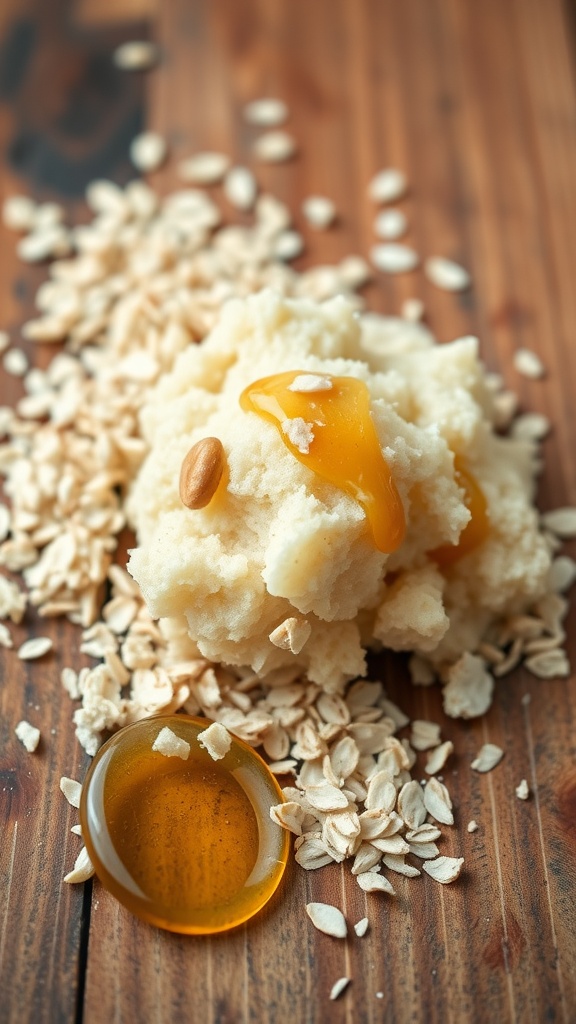 A natural exfoliating scrub made from oats and honey on a wooden surface