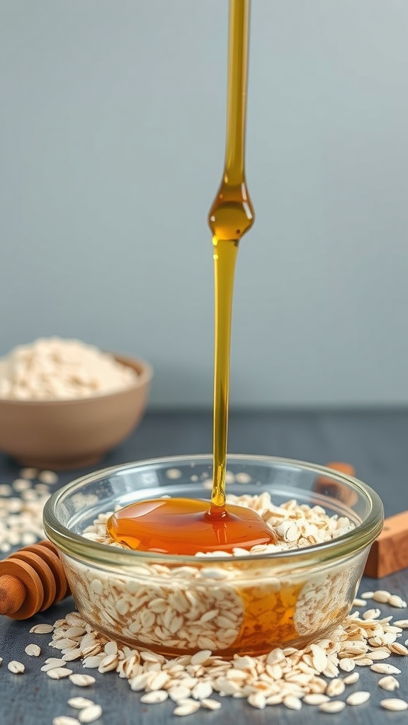 A bowl of oatmeal with honey being drizzled on top, surrounded by more oats and a honey dipper.