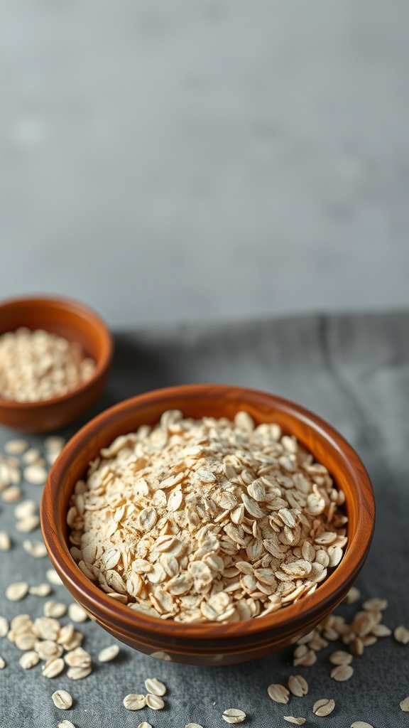Two bowls of oatmeal on a gray surface, one larger than the other, with scattered oats around.
