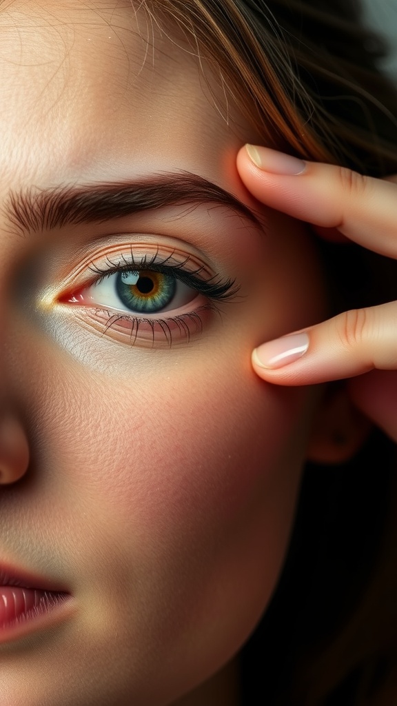 Close-up of a person gently massaging around their eye with their fingers, focusing on reducing puffiness.