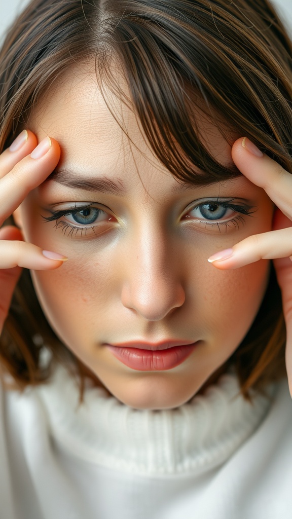 A person gently pressing their fingers against their forehead and eyes to relieve puffiness.