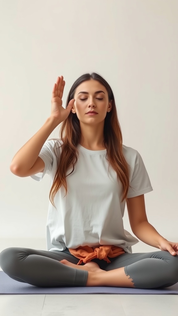 A person practicing the Gentle Eye Press for puff reduction, sitting calmly with one hand near their eye.