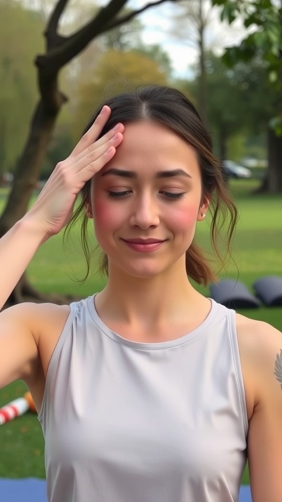 A woman performing the Gentle Forehead Smoother face yoga move outdoors.