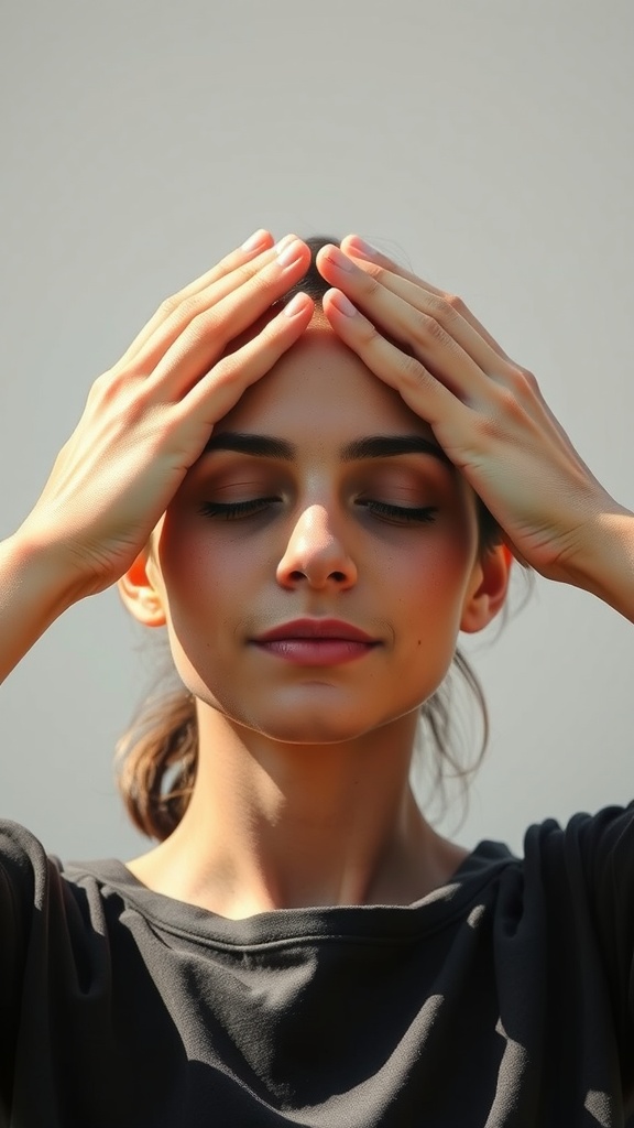 A person practicing facial yoga by smoothing their forehead with their hands.