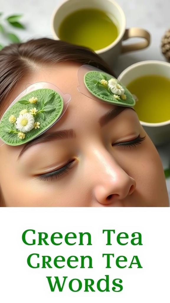 A person relaxing with green tea eye pads on their eyes, surrounded by cups of green tea.