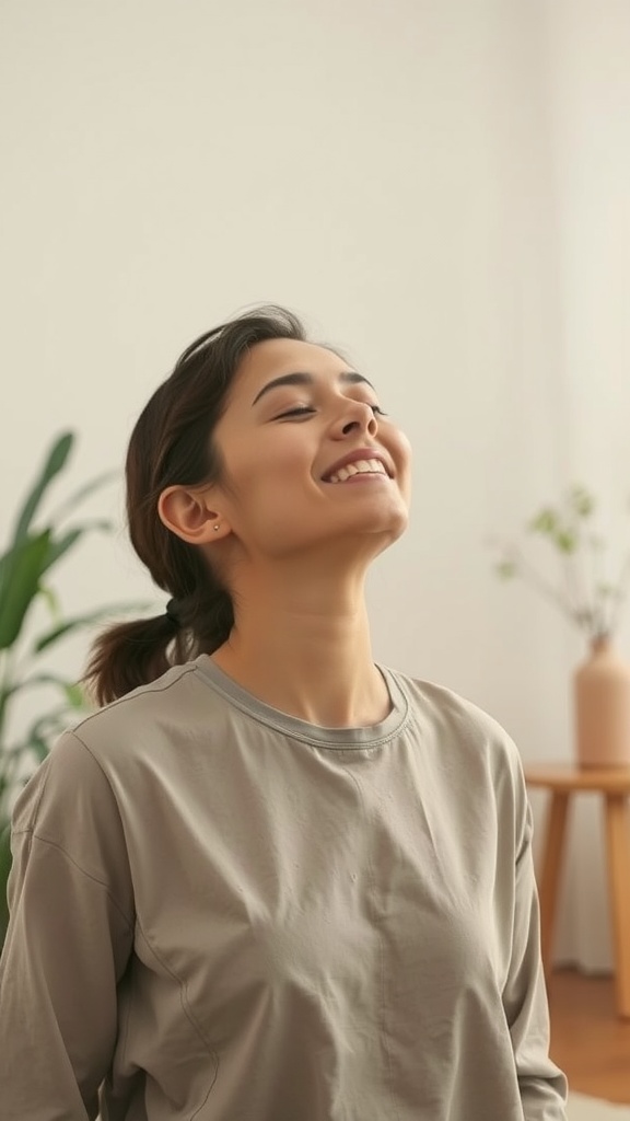 A person practicing the Gentle Jaw Release Technique with a calm expression, sitting in a cozy environment.