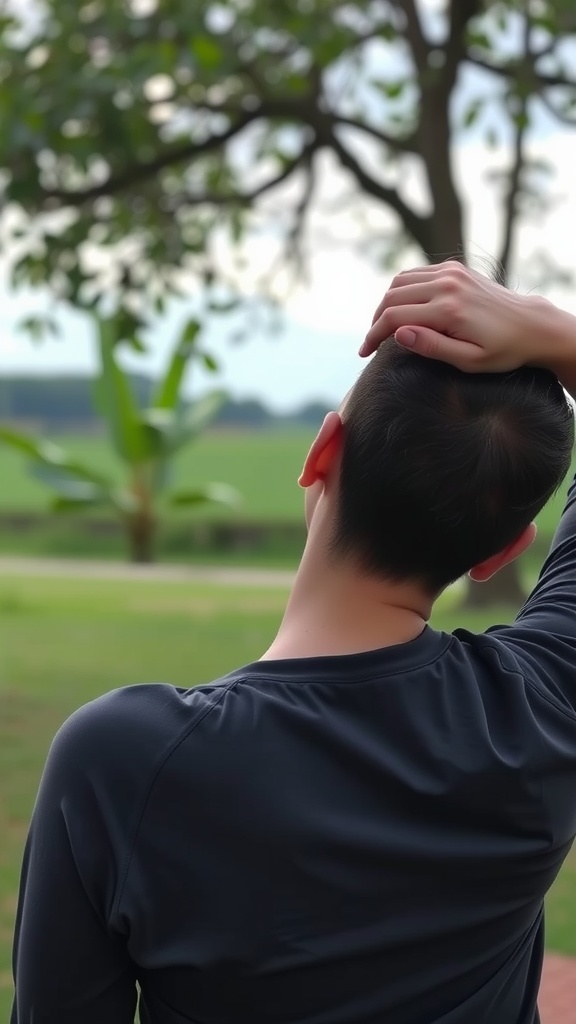 A person performing a gentle neck stretch outdoors, with a hand on their head and a peaceful background.