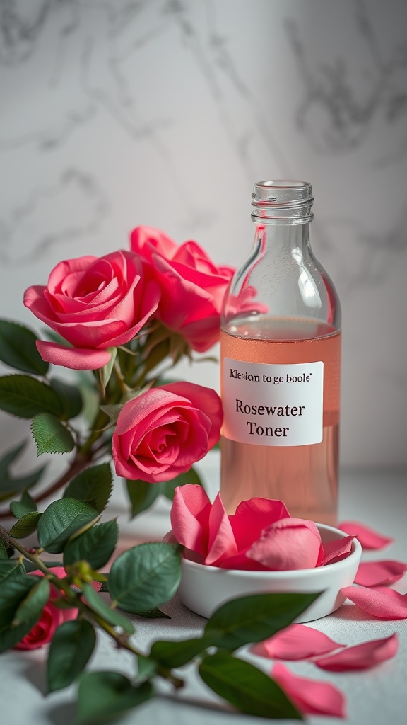 Bottle of rosewater toner next to pink roses and petals