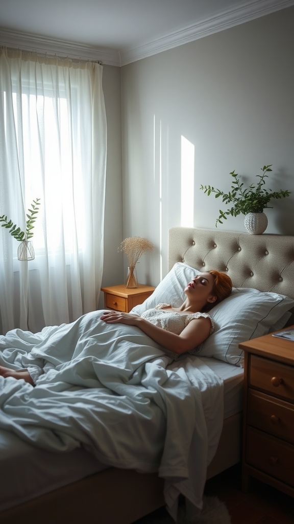 A woman sleeping peacefully in a well-lit bedroom with soft curtains and plants