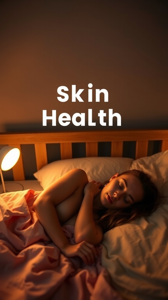 A peaceful sleeping person in a cozy bed, emphasizing the importance of sleep for skin health.