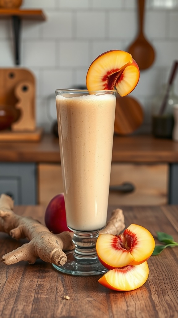 A refreshing ginger peach smoothie served in a tall glass, garnished with peach slices.