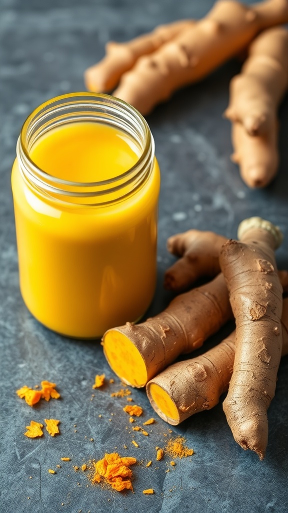 A refreshing ginger turmeric smoothie in a jar with fresh turmeric roots.