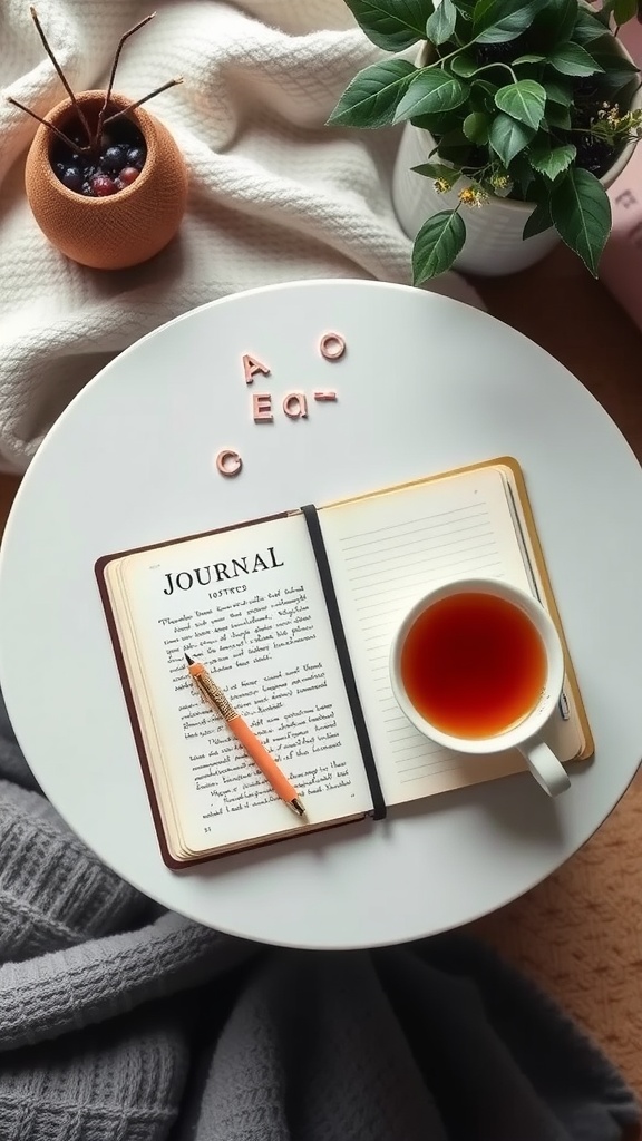 A cozy setup with a journal, cup of tea, and plants on a round table