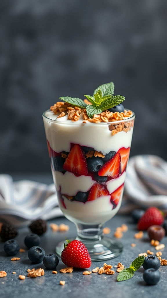 A delicious Greek yogurt and berry parfait layered with strawberries, blueberries, and granola.
