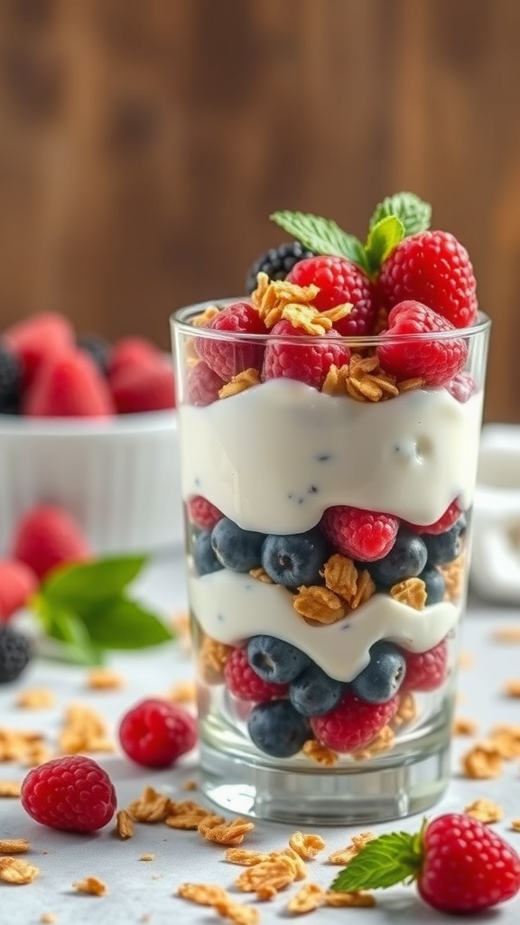 A delicious Greek yogurt and berry parfait layered with yogurt, mixed berries, and granola, garnished with mint leaves.