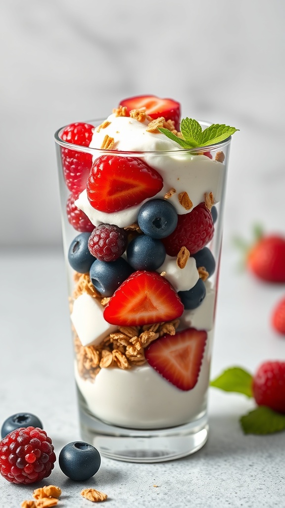 A delicious Greek yogurt and berry parfait with layers of yogurt, fresh berries, and granola.