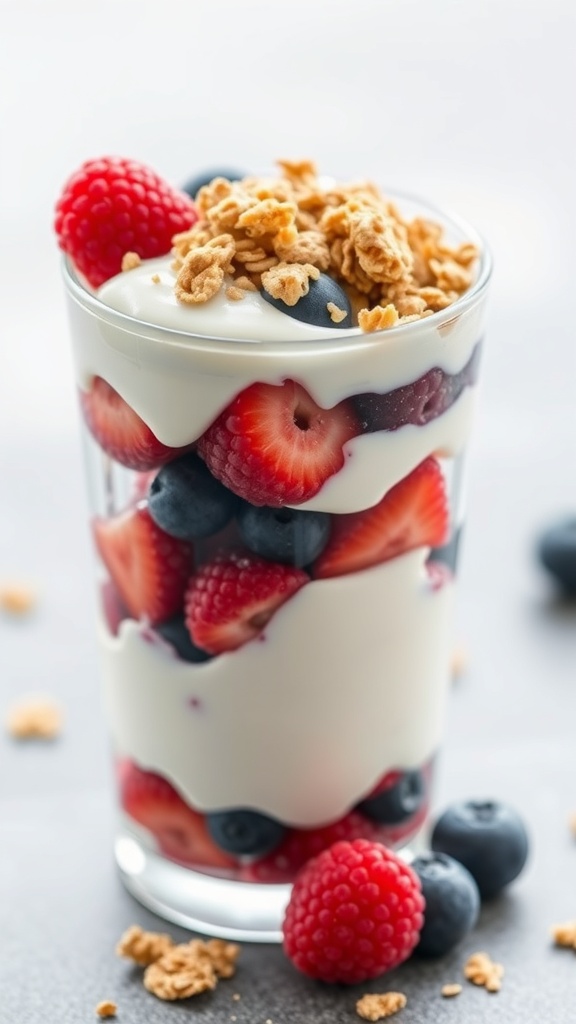A delicious Greek yogurt and berry parfait with layers of yogurt, strawberries, blueberries, raspberries, and granola.