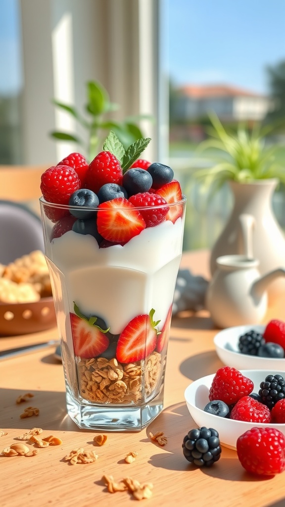 A Greek yogurt parfait with layers of granola, strawberries, blueberries, and raspberries in a clear glass, garnished with mint leaves.