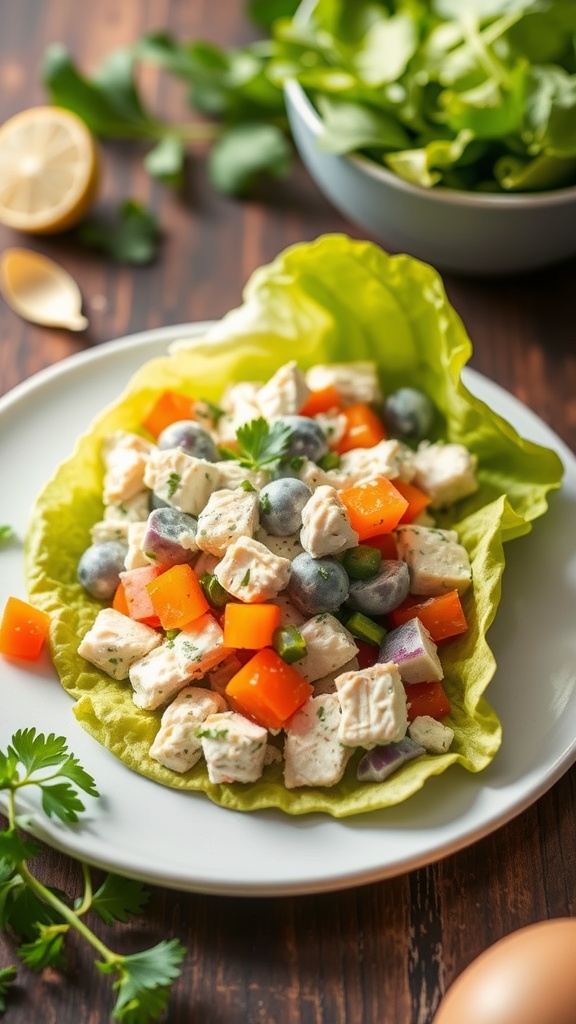A vibrant Greek yogurt chicken salad served in a lettuce wrap with colorful vegetables.