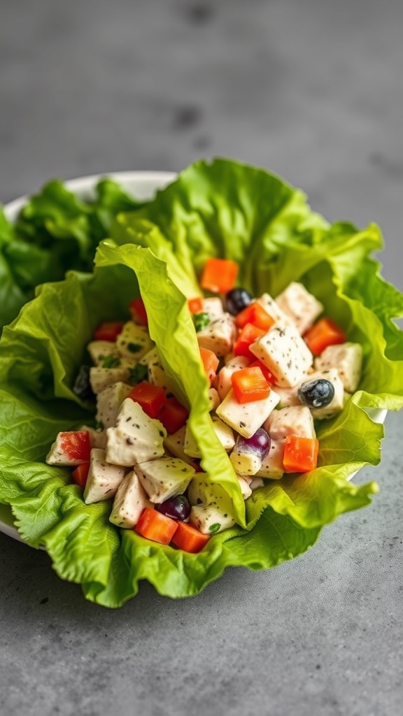 A colorful Greek yogurt chicken salad served in lettuce leaves.