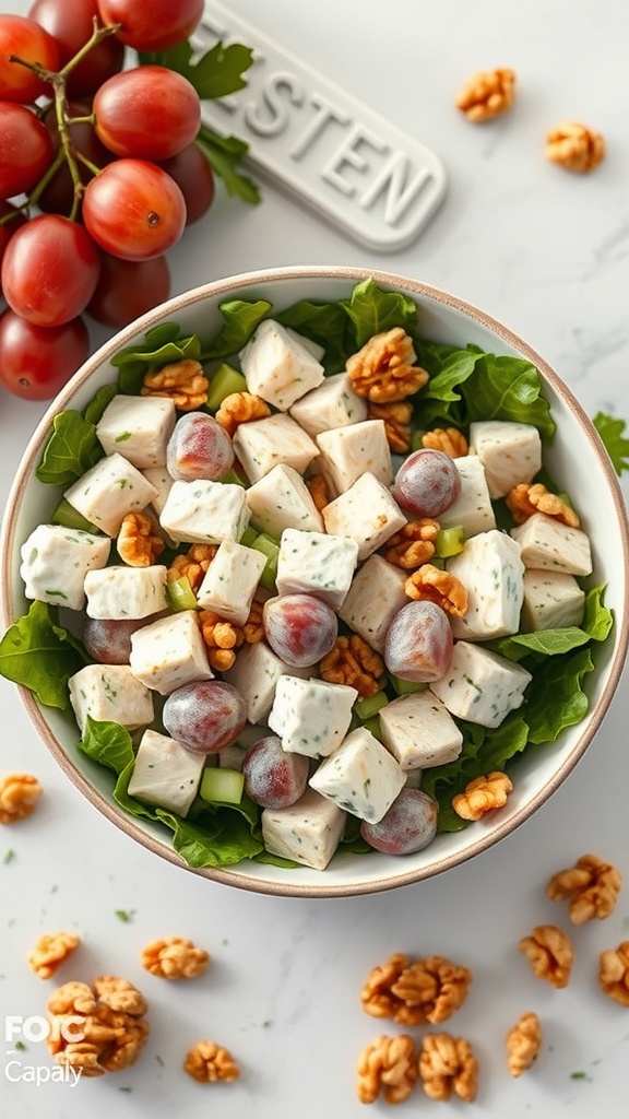 A healthy Greek yogurt chicken salad bowl with greens, chicken, grapes, and walnuts.