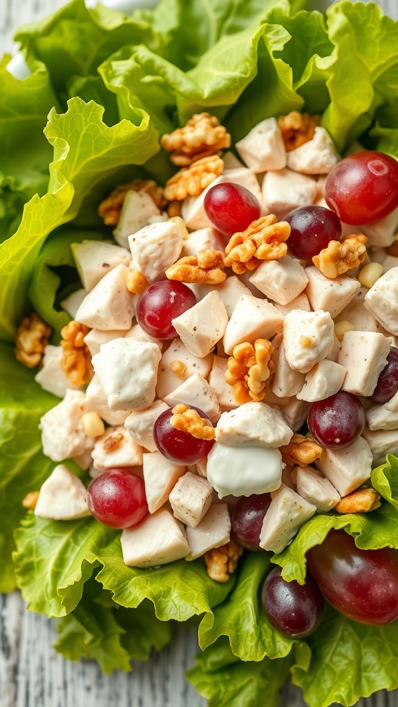 A bowl of Greek yogurt chicken salad with grapes, walnuts, and lettuce.