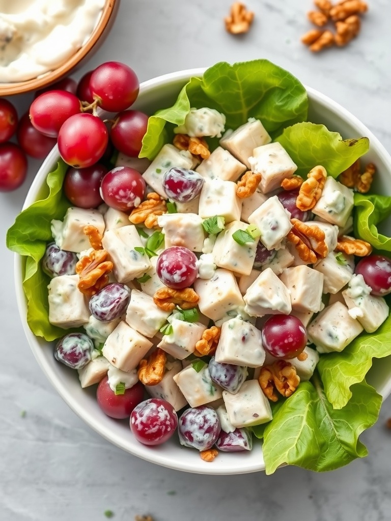 A bowl of Greek yogurt chicken salad with grapes and walnuts, served on a bed of lettuce.