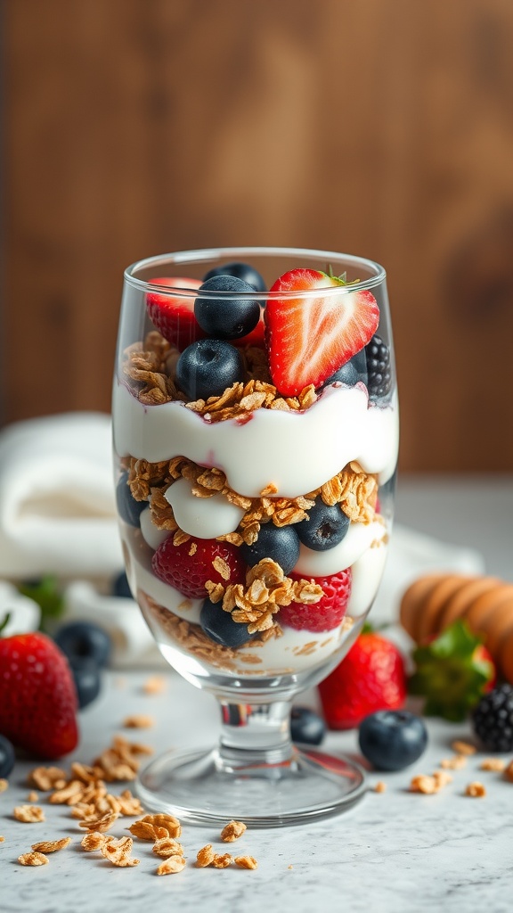 A delicious Greek yogurt parfait with layers of yogurt, granola, and fresh berries in a glass.